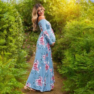 PinkBlush Maternity Maxi Dress NWT Small Blue Floral Off Shoulder LongSleeve USA